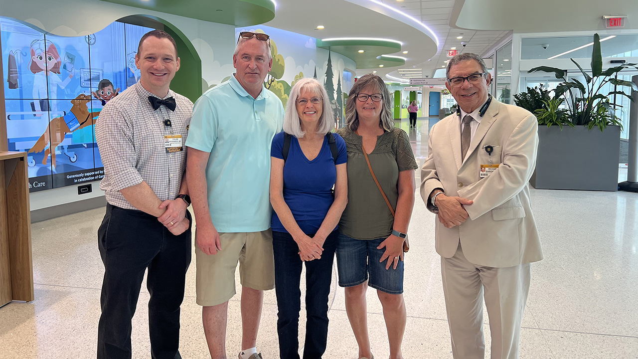 Tyler Severance, a pediatric hematology/oncology doctor with Mizzou’s School of Medicine; Steve Zentz; Pamela Zentz-Westover; Mellany Zentz-Mercer; and Richard Barohn, executive vice chancellor for health affairs and dean of the School of Medicine.